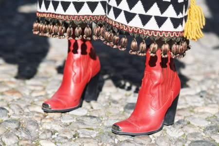 Milan, Italy - February 22, 2019: Street style â€“ Fancy shoes in detail during Milan Fashion...