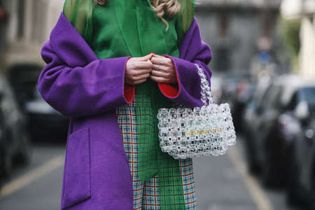 Milan, Italy - February 24, 2019: Street style â€“ outfit details after a fashion show during...