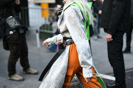 Milan, Italy - February 22, 2019: Street style â€“ Street style outfit in detail during Milan...
