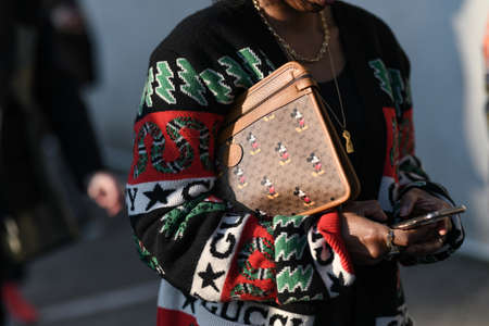 Milan, Italy - February 19, 2020: Street style detail - accesories and clothingstreet style clothing and accesory detail - StreetStyleFW2020のeditorial素材