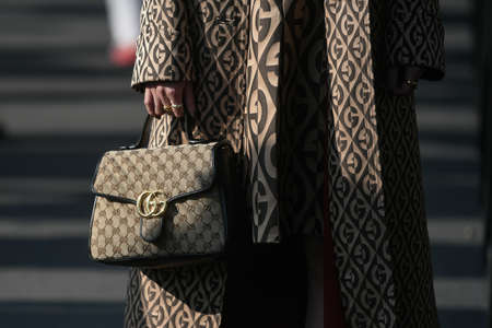 Milan, Italy - February 19, 2020: Street style detail - accesories and clothingstreet style clothing and accesory detail - StreetStyleFW2020のeditorial素材