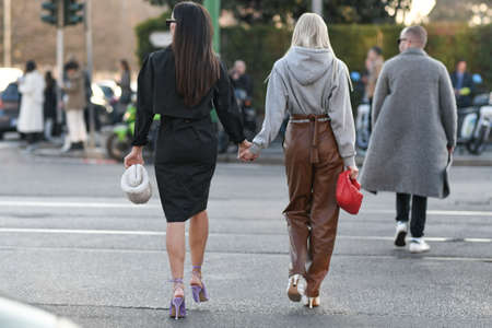 Milan, Italy - February 19, 2020: Street style detail - accesories and clothingstreet style clothing and accesory detail - StreetStyleFW2020のeditorial素材