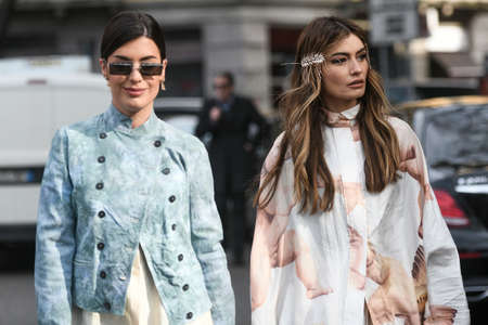 Milan, Italy - February 21, 2020: Street style appearance during Milan Fashion Week - streetstylefw20のeditorial素材