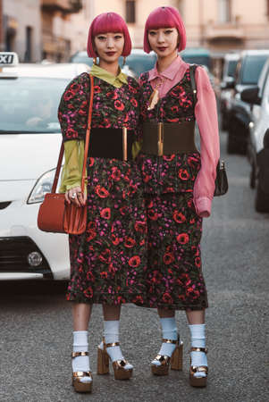 Milan, Italy - February 21, 2020: Ami Suzuki and Aya Suzuki before a fashion show during Milan...