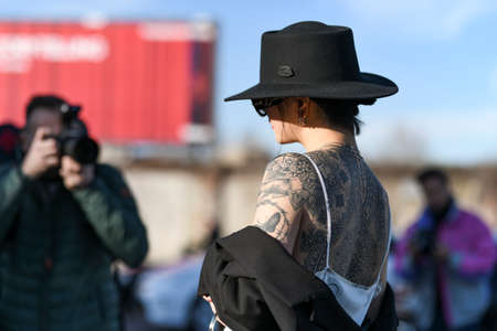 Milan, Italy - February 20, 2020: Street style appearance during Milan Fashion Week - streetstylefw20のeditorial素材