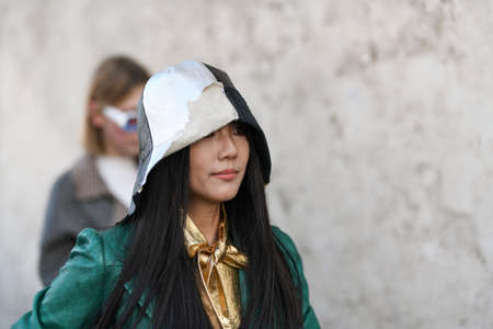 Milan, Italy - February 20, 2020: Street style appearance during Milan Fashion Week - streetstylefw20のeditorial素材