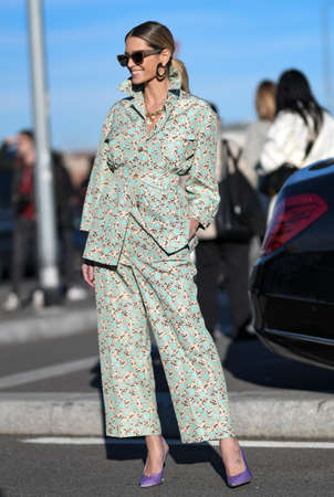 Milan, Italy - February 20, 2020: Street style appearance during Milan Fashion Week - streetstylefw20のeditorial素材