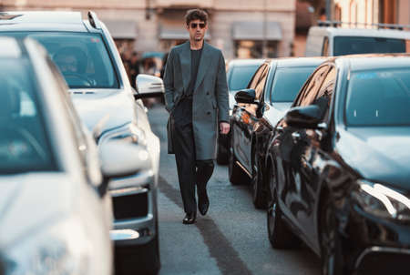 Milan, Italy - February 21, 2020: Street style appearance during Milan Fashion Week - streetstylefw20のeditorial素材