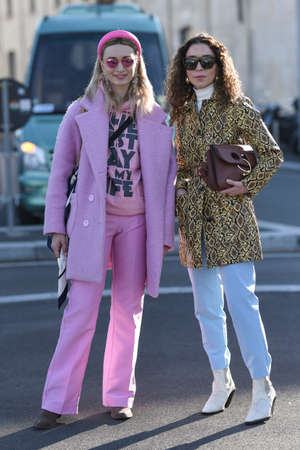 Milan, Italy - February 20, 2020: Street style appearance during Milan Fashion Week - streetstylefw20のeditorial素材