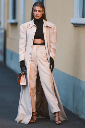 Milan, Italy - February 21, 2020: Street style appearance during Milan Fashion Week - streetstylefw20のeditorial素材