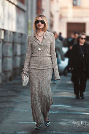 Milan, Italy - February 21, 2020: Street style appearance during Milan Fashion Week - streetstylefw20のeditorial素材