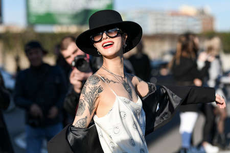 Milan, Italy - February 20, 2020: Street style appearance during Milan Fashion Week - streetstylefw20のeditorial素材