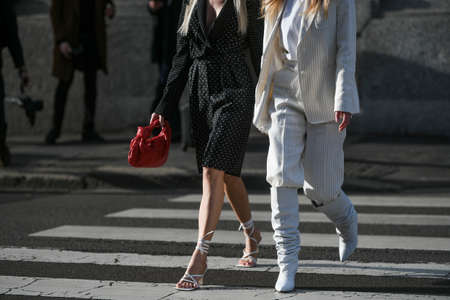 Milan, Italy - February 20, 2020: Street style outfit - streetstylefw20のeditorial素材