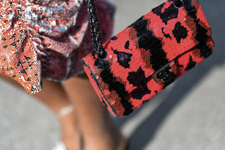 Milan, Italy - February 19, 2020: Street style detail - accesories and clothingstreet style clothing and accesory detail - StreetStyleFW2020のeditorial素材