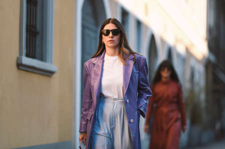Milan, Italy - February 21, 2020: Street style appearance during Milan Fashion Week - streetstylefw20のeditorial素材