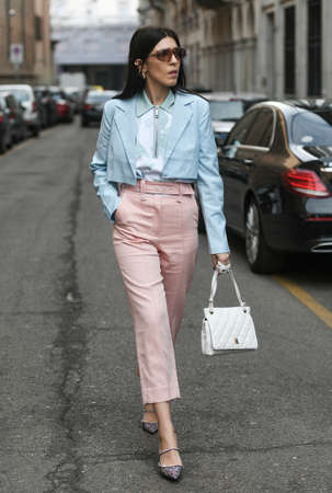 Milan, Italy - February 20, 2020: Street style appearance during Milan Fashion Week - streetstylefw20のeditorial素材