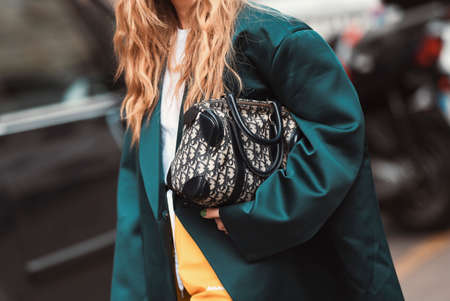 Milan, Italy - February 21, 2020: Street style outfit - streetstylefw20のeditorial素材