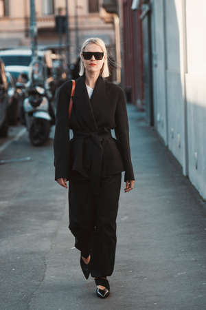 Milan, Italy - February 21, 2020: Linda Tol before a fashion show during Milan Fashion Week - streetstylefw20のeditorial素材