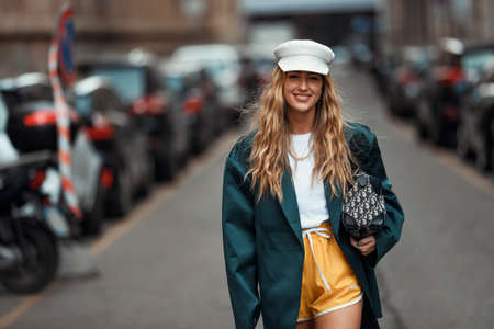 Milan, Italy - February 21, 2020: Emili Sindlev before a fashion show during Milan Fashion Week - streetstylefw20のeditorial素材