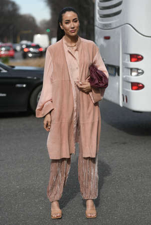 Milan, Italy - February 21, 2020: Tamara Kalinic before a fashion show during Milan Fashion Week - streetstylefw20のeditorial素材