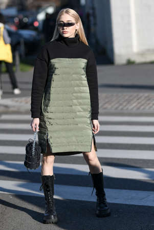 Milan, Italy - February 20, 2020: Street style appearance during Milan Fashion Week -...