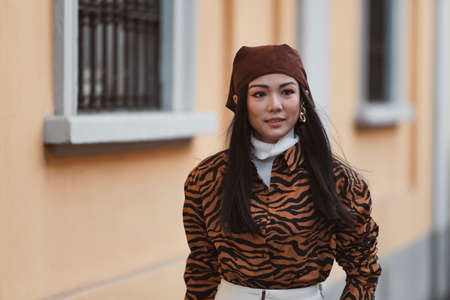 Milan, Italy - February 21, 2020: Yoyo Cao before a fashion show during Milan Fashion Week - streetstylefw20のeditorial素材