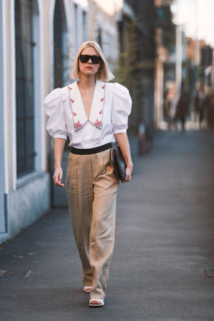 Milan, Italy - February 21, 2020: Linda Tol before a fashion show during Milan Fashion Week - streetstylefw20のeditorial素材