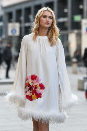 Milan, Italy - February 20, 2020: Chloe Lecareux before a fashion show during Milan Fashion Week - streetstylefw20のeditorial素材