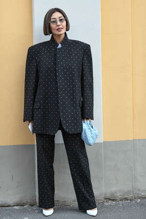 Milan, Italy - February 21, 2020: Street style appearance during Milan Fashion Week - streetstylefw20のeditorial素材