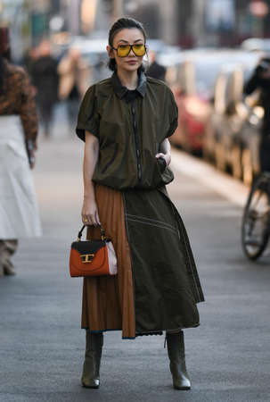 Milan, Italy - February 21, 2020: Jessica Wang before a fashion show during Milan Fashion Week - streetstylefw20のeditorial素材