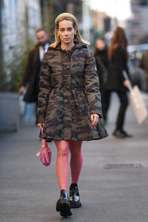 Milan, Italy - February 21, 2020: Street style appearance during Milan Fashion Week - streetstylefw20のeditorial素材