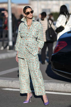 Milan, Italy - February 20, 2020: Street style appearance during Milan Fashion Week - streetstylefw20のeditorial素材