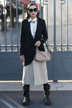 Milan, Italy - February 20, 2020: Street style appearance during Milan Fashion Week - streetstylefw20のeditorial素材