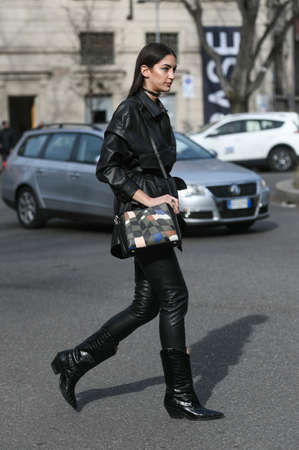 Milan, Italy - February 21, 2020: Street style appearance during Milan Fashion Week - streetstylefw20のeditorial素材