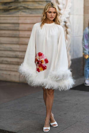 Milan, Italy - February 20, 2020: Chloe Lecareux before a fashion show during Milan Fashion Week - streetstylefw20のeditorial素材