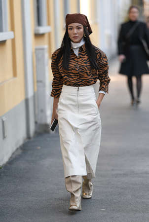 Milan, Italy - February 21, 2020: Yoyo Cao before a fashion show during Milan Fashion Week - streetstylefw20のeditorial素材
