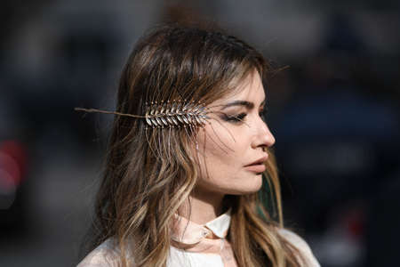 Milan, Italy - February 21, 2020: Street style appearance during Milan Fashion Week - streetstylefw20のeditorial素材
