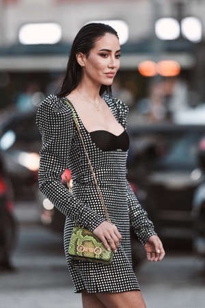 Milan, Italy - February 21, 2020: Street style appearance during Milan Fashion Week - streetstylefw20のeditorial素材