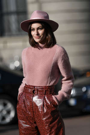 Milan, Italy - February 22, 2020: Street style appearance during Milan Fashion Week - streetstylefw20のeditorial素材