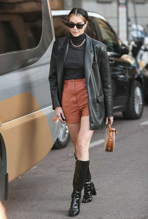 Milan, Italy - February 22, 2020: Street style appearance during Milan Fashion Week - streetstylefw20のeditorial素材