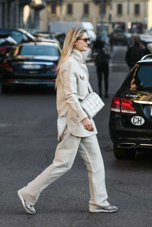Milan, Italy - February 22, 2020: Street style appearance during Milan Fashion Week - streetstylefw20のeditorial素材