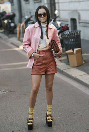 Milan, Italy - February 22, 2020: Street style appearance during Milan Fashion Week - streetstylefw20のeditorial素材