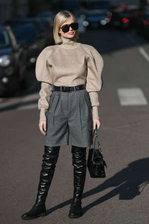 Milan, Italy - February 22, 2020: Street style appearance during Milan Fashion Week - streetstylefw20のeditorial素材