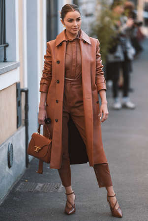 Milan, Italy - February 21, 2020: Olivia Culpo before a fashion show during Milan Fashion Week - streetstylefw20のeditorial素材