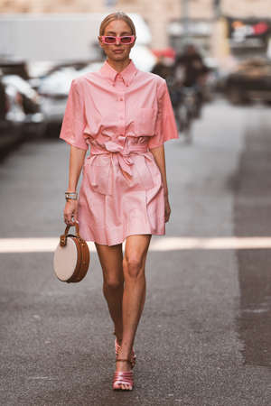 Milan, Italy - February 22, 2020: Street style appearance during Milan Fashion Week - streetstylefw20のeditorial素材