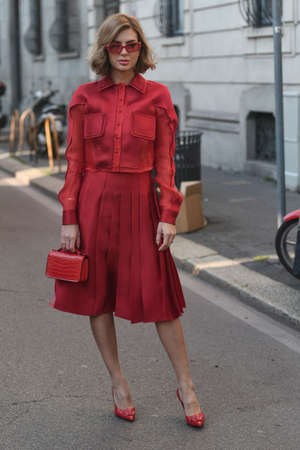Milan, Italy - February 22, 2020: Street style appearance during Milan Fashion Week - streetstylefw20のeditorial素材