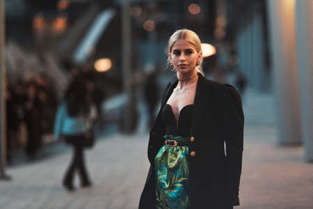 Milan, Italy - February 21, 2020: Street style appearance during Milan Fashion Week - streetstylefw20のeditorial素材