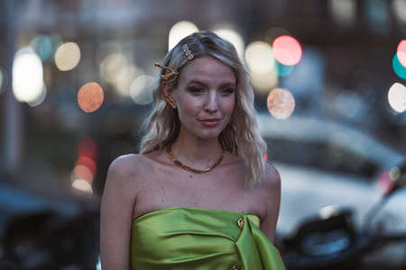 Milan, Italy - February 21, 2020: Street style appearance during Milan Fashion Week - streetstylefw20のeditorial素材