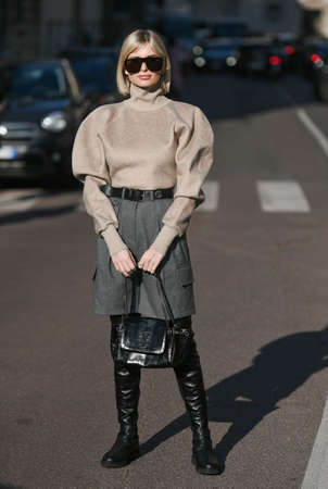 Milan, Italy - February 22, 2020: Street style appearance during Milan Fashion Week - streetstylefw20のeditorial素材