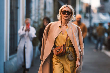 Milan, Italy - February 21, 2020: Viktoria Rader before a fashion show during Milan Fashion Week - streetstylefw20のeditorial素材